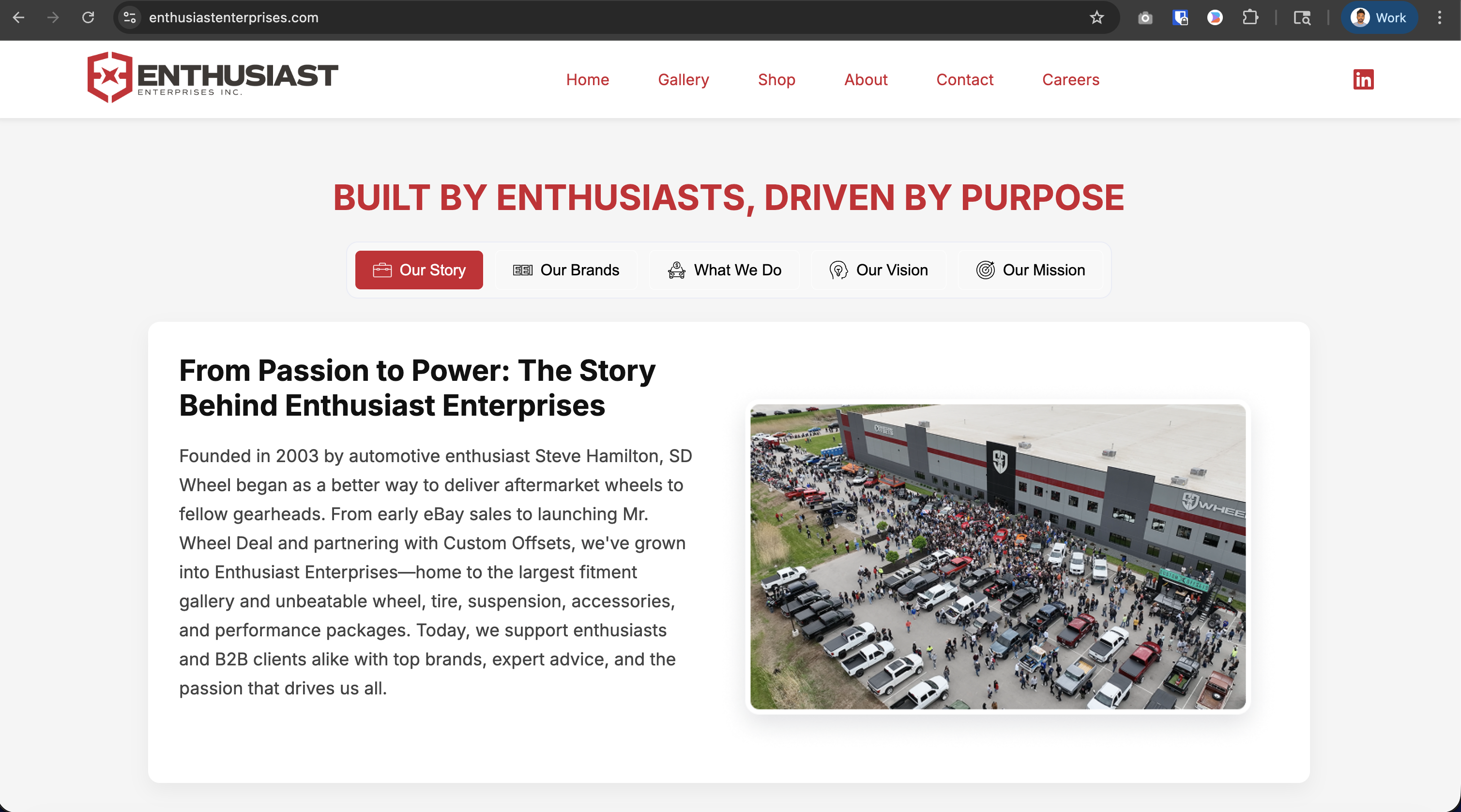 Enthusiast Enterprises Our Story page — single-page scrolling layout with tabbed brand narrative sections