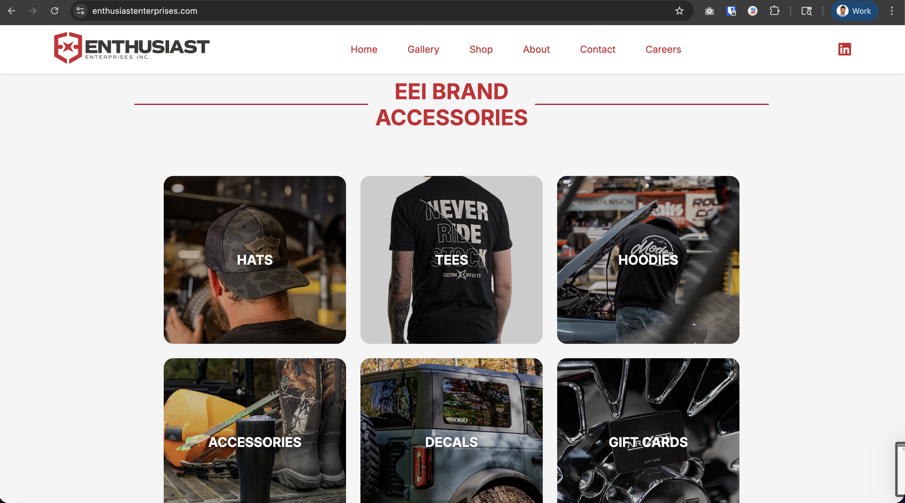 EEI Brand Accessories — cross-brand merchandise grid featuring hats, tees, hoodies, decals and gift cards