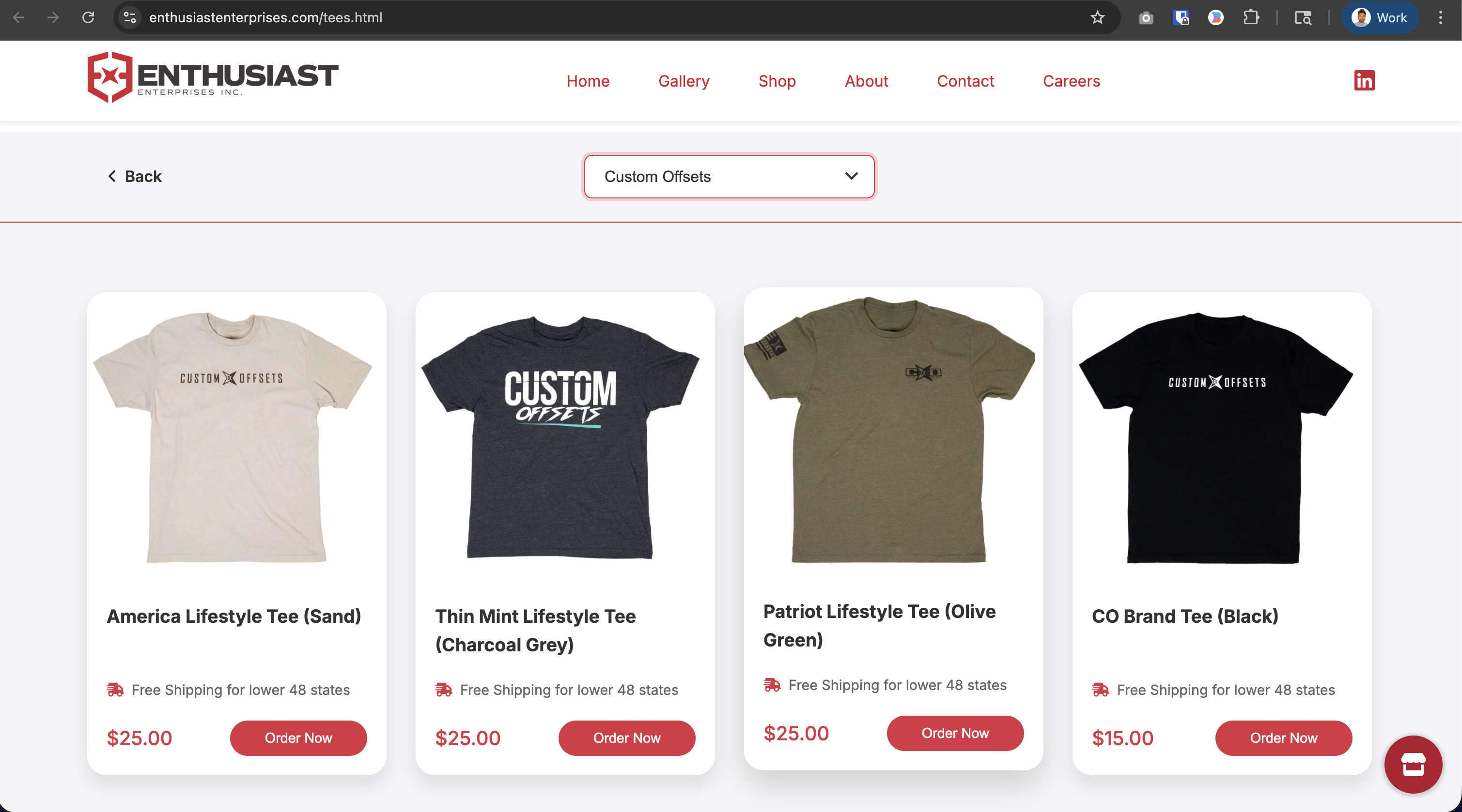 Cross-brand shopping — Custom Offsets branded tees with division selector dropdown
