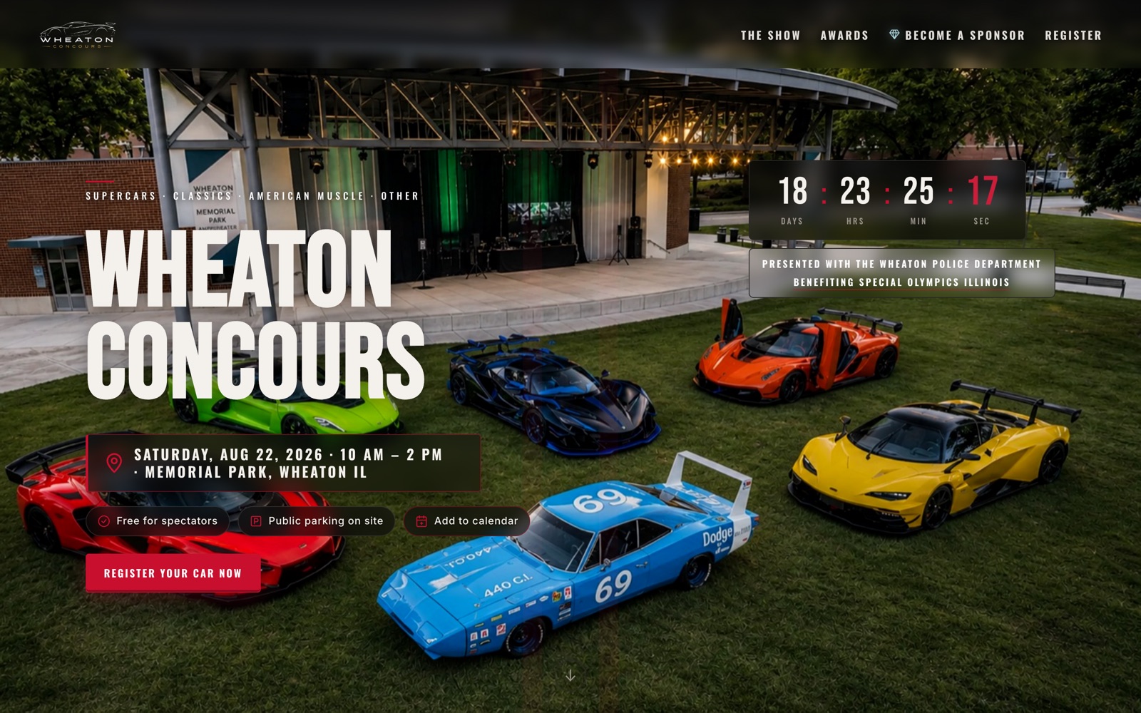 Wheaton Concours homepage desktop — hero with countdown timer and car show details