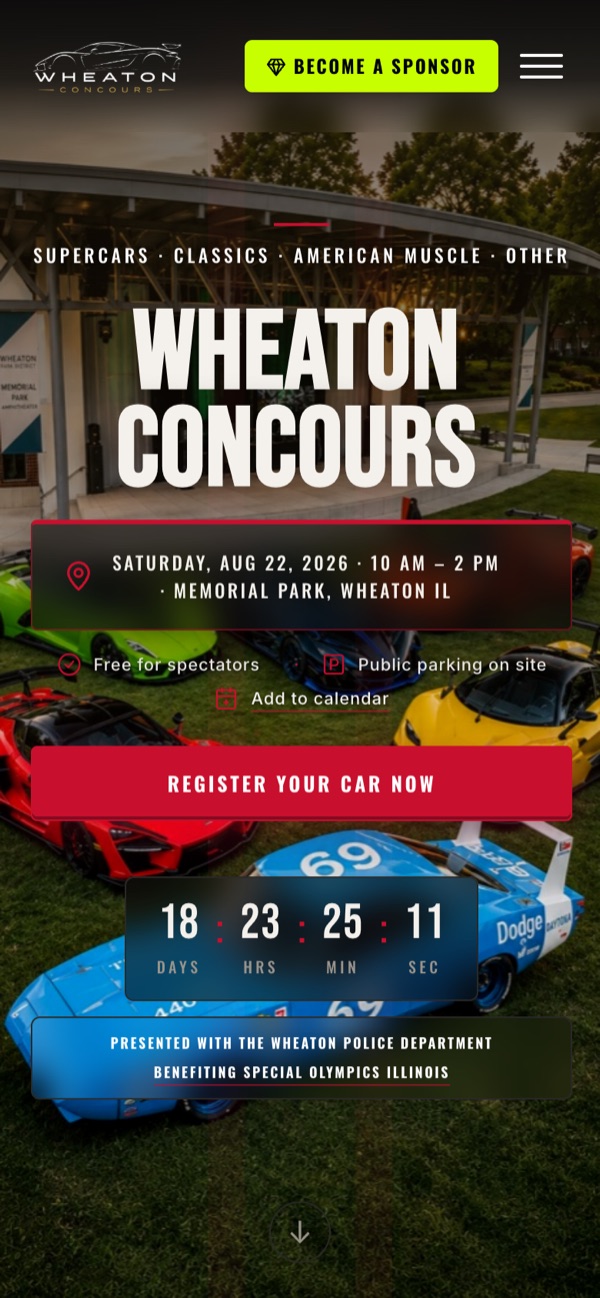 Wheaton Concours homepage mobile — responsive hero layout
